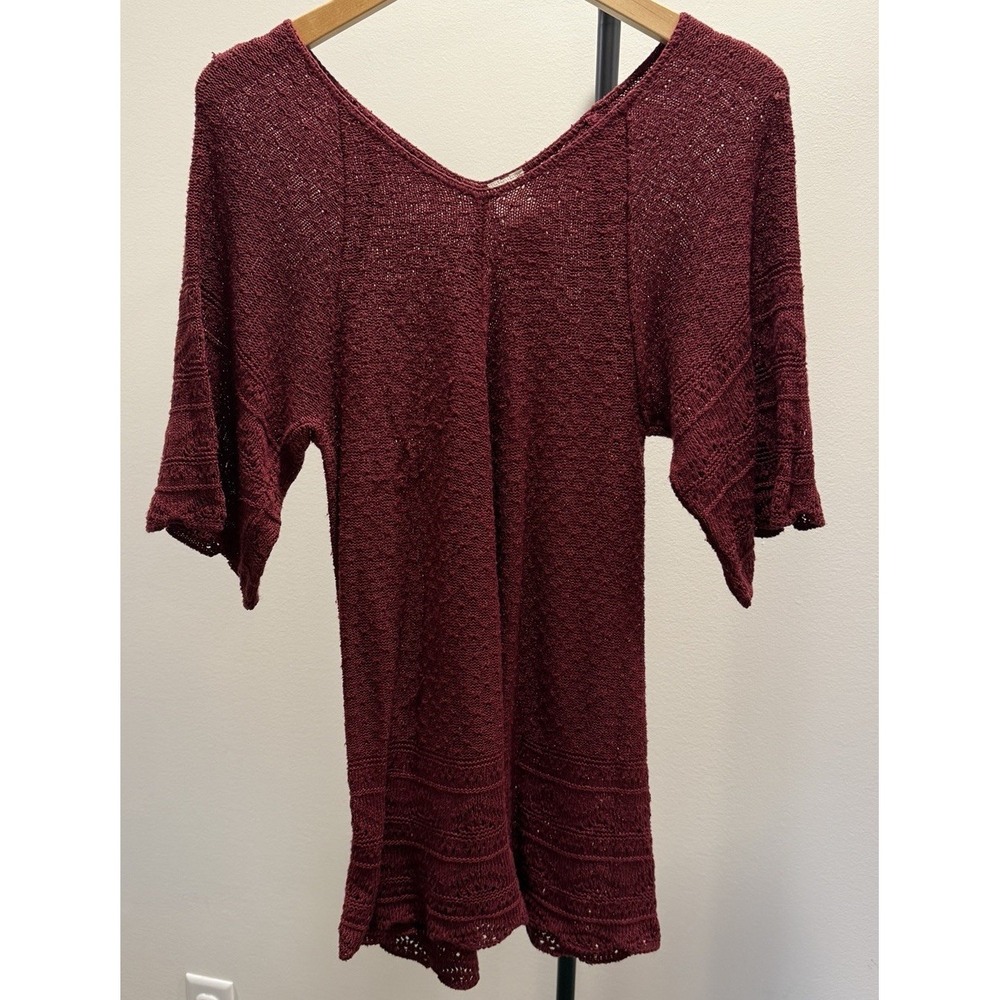Faded Glory Women's Lace Maroon Blouse Small Short Flared Sleeve